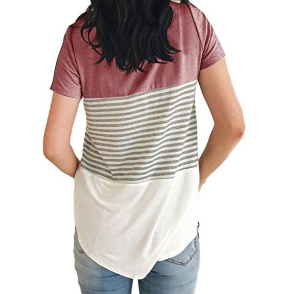 Women Color Block Stripe Short Sleeve T-Shirt - Picture 2 of 2